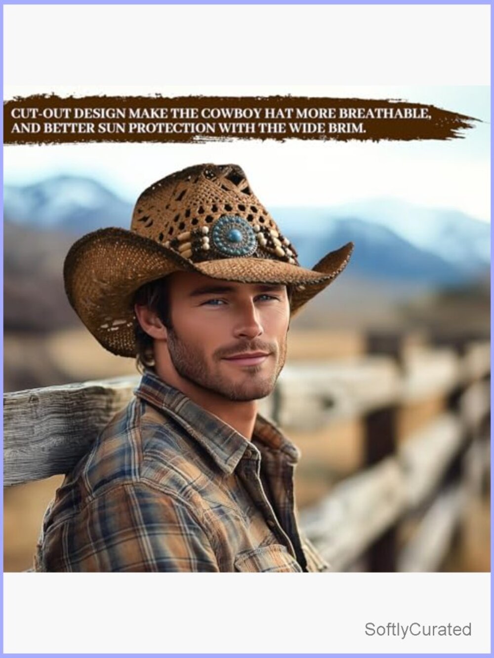 Straw Cowboy Hat with Wide Brim - Medium Size for Adults Summer Western Hat - Picture 6 of 7